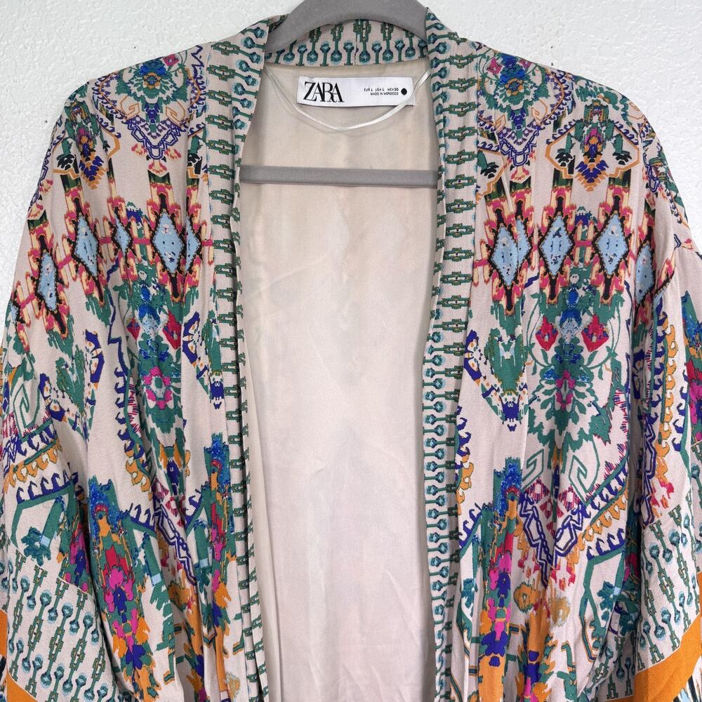 Zara Kimono Jacket Womens Large Tribal Belted Boho Cardigan Duster Robe Festival - Picture 5 of 13